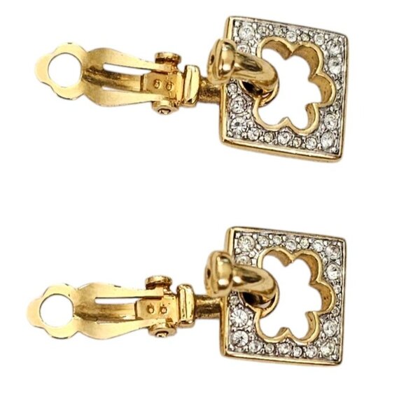 Swarovski Clear Rhinestone Square Flower Shape Dangle Clip Earrings, Signed L805 - Picture 5 of 9